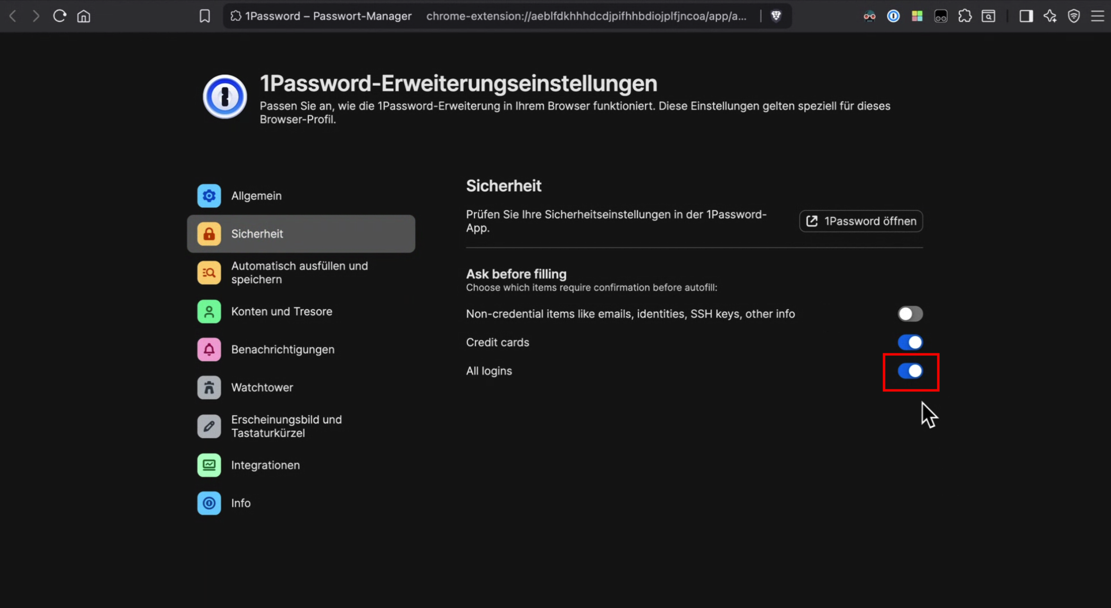 1Password Einstellungen für zusätzliche Bestätigung