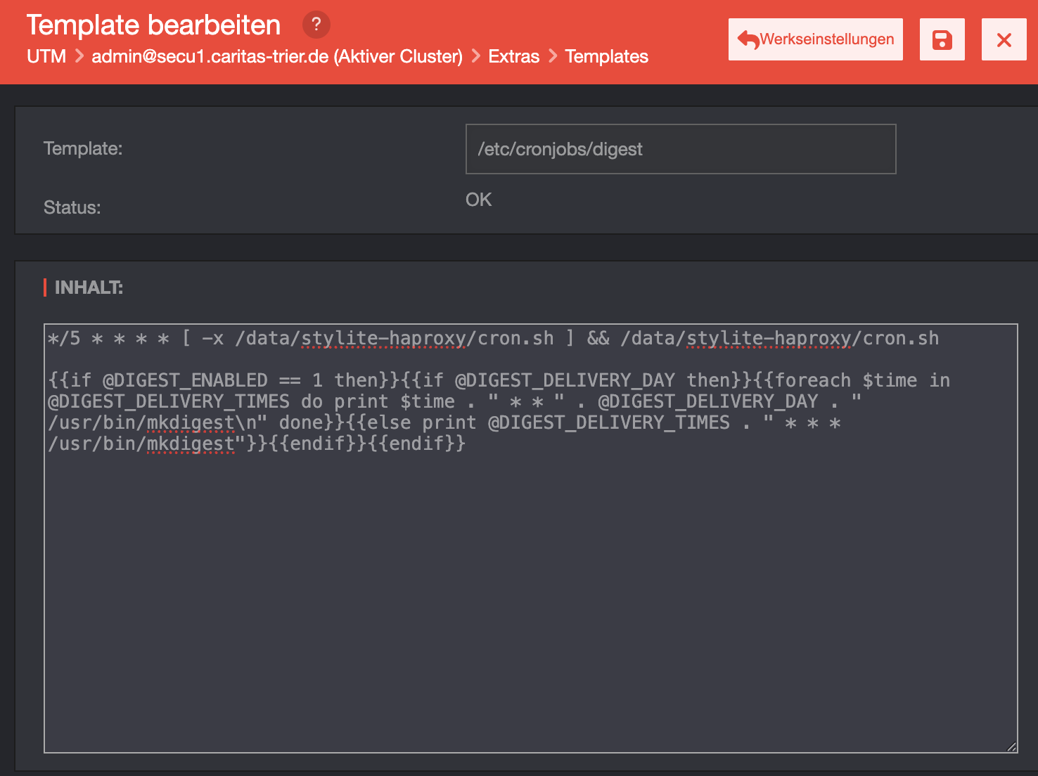 Securepoint UTM WebUI: Template-Editor für /etc/cronjobs/digest mit zusätzlicher Zeile für den HAProxy-Cron-Wrapper