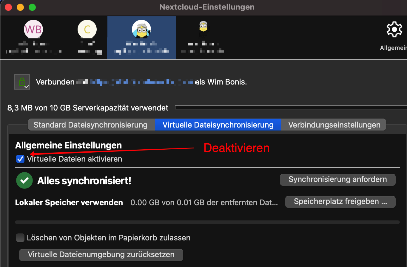 Nextcloud-Einstellungen: Tab 'Virtuelle Dateisynchronisierung' mit Checkbox 'Virtuelle Dateien aktivieren' zum Deaktivieren