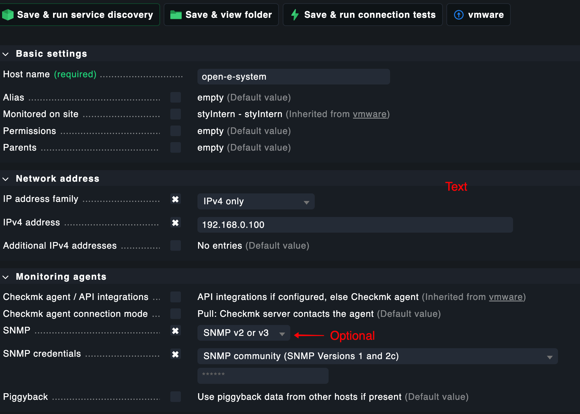 Checkmk Host-Konfiguration für das Open-E System mit IP-Adresse und API-Integration