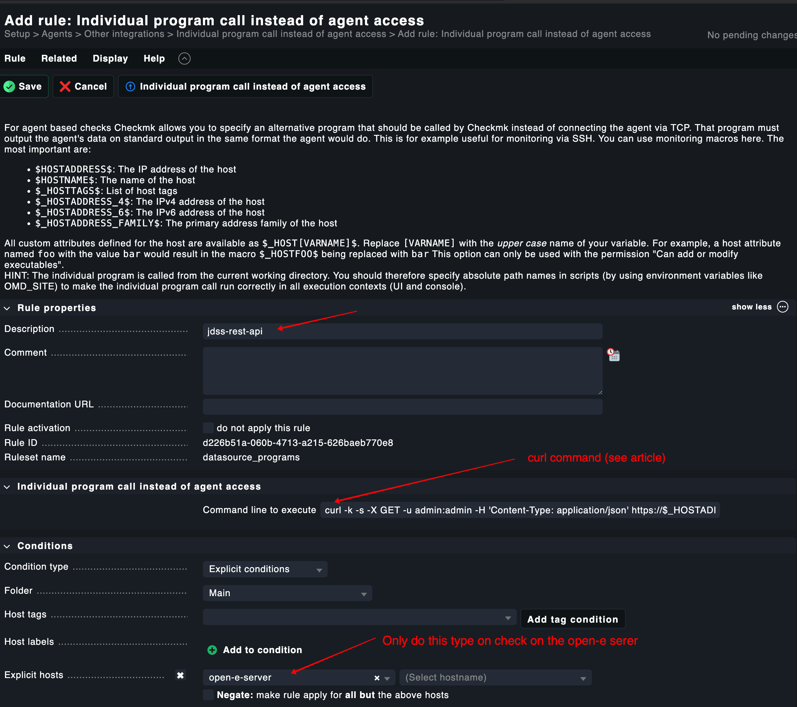 Checkmk Regel-Konfiguration mit curl-Befehl und expliziter Host-Zuordnung