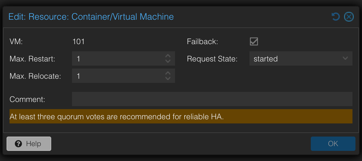 Proxmox HA-Ressource bearbeiten: VM 101, Max. Restart und Max. Relocate jeweils 1, Request State started, Failback aktiv