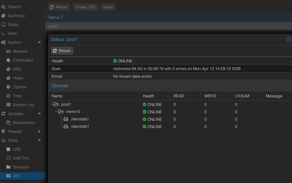 ZFS Pool Status: pool1 als Mirror mit zwei Disks, Health ONLINE, keine Fehler