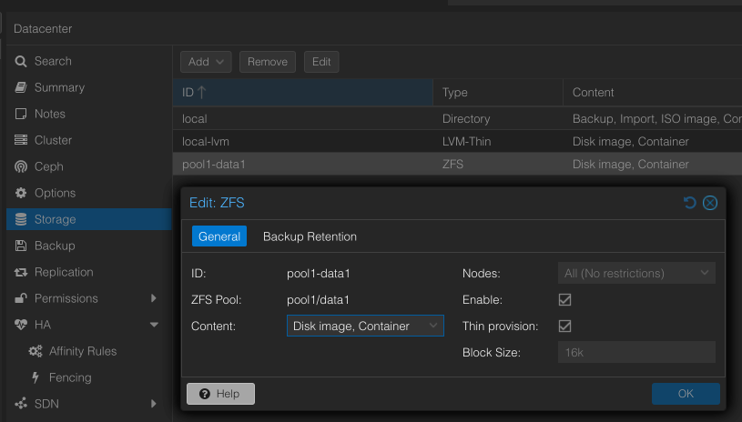 Proxmox Storage-Konfiguration: ZFS-Pool pool1-data1 für Disk Images und Container