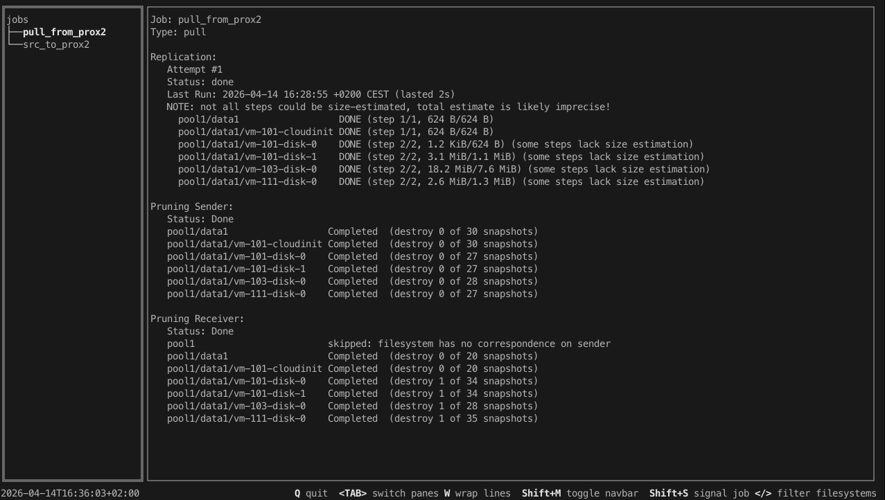 zrepl status Terminal-Ausgabe: aktive Pull- und Push-Jobs mit Snapshot-Fortschritt und Completed-Einträgen