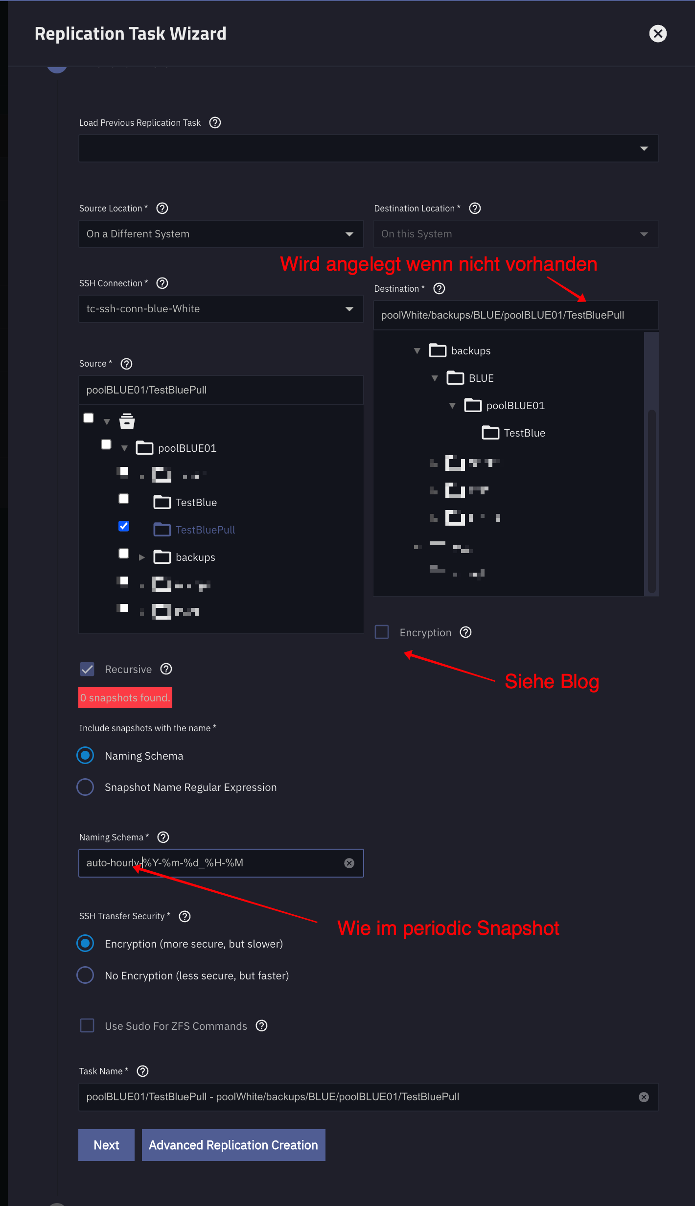 Pull-Replikation – SSH-Verbindung zur Quelle auswählen/erstellen